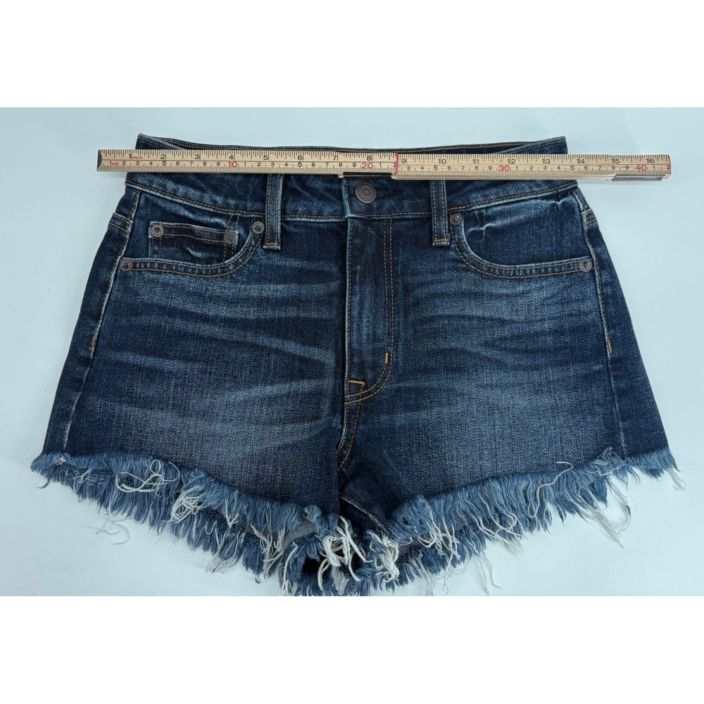 American Eagle Vintage Hi-Rise Festival Denim Shorts Dark Wash Frayed Hem Size 0 - Picture 6 of 7